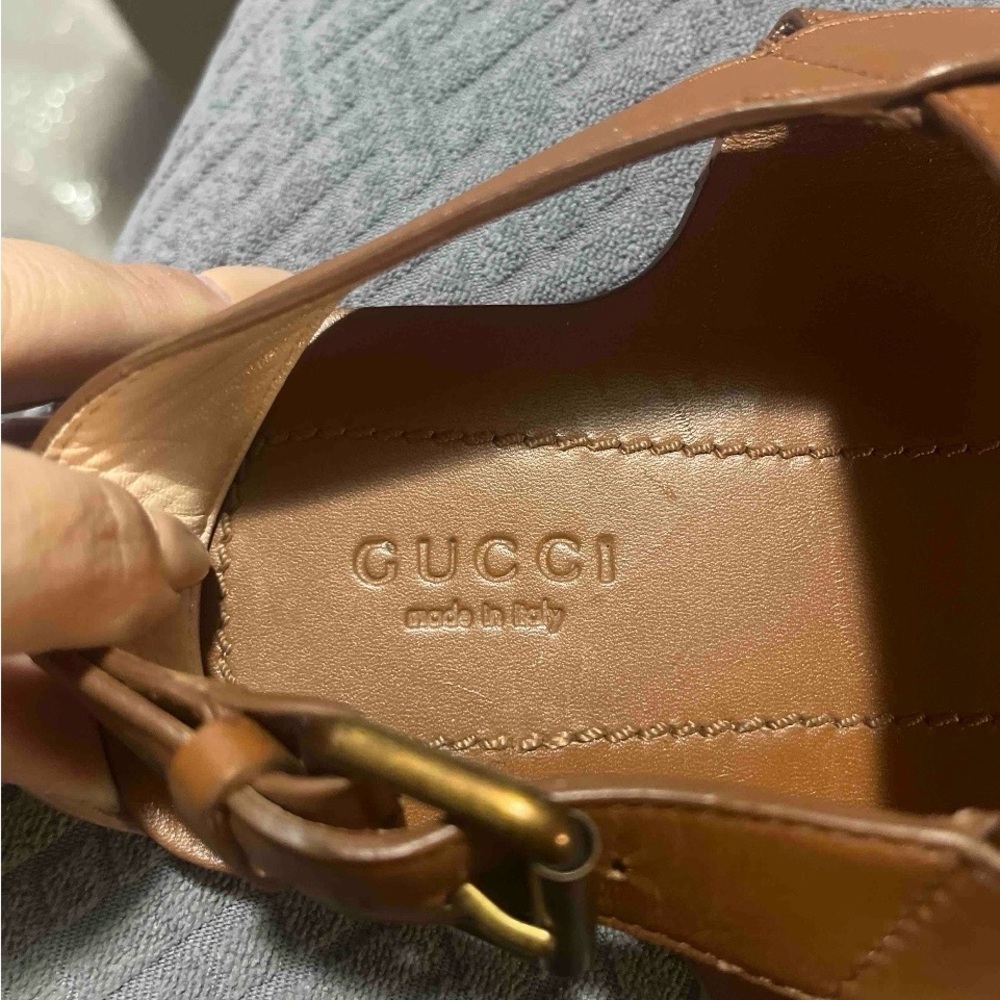 RARE SET Gucci Marmont Tan Leather Flat Sandals Size 39 / US 9 + Rainbow Dustbag - Picture 14 of 15